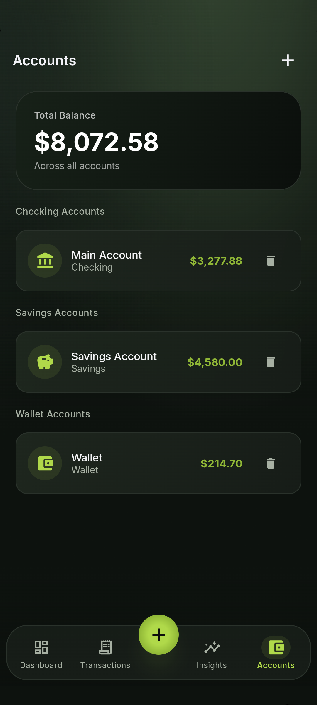 Accounts showing Main Account $3,277.88, Savings Account $4,580.00, and Wallet $214.70.