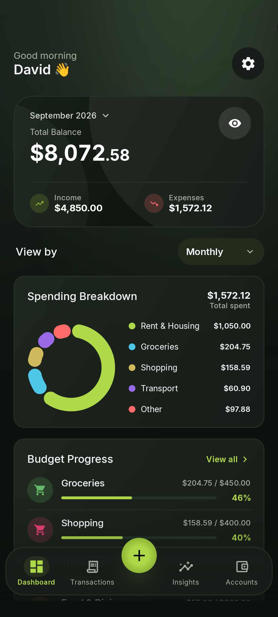 September 2026 dashboard: $8,072.58 total balance, $4,850.00 income, and $1,572.12 expenses.